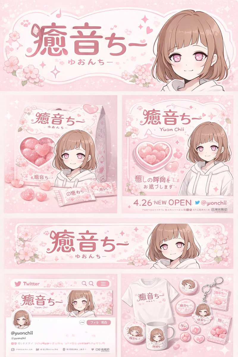 动漫角色品牌形象与周边项目 / Anime Character Brand Identity & Merch Board，UI 与社交媒体截图，人像、海报、插画，案例输出图 1