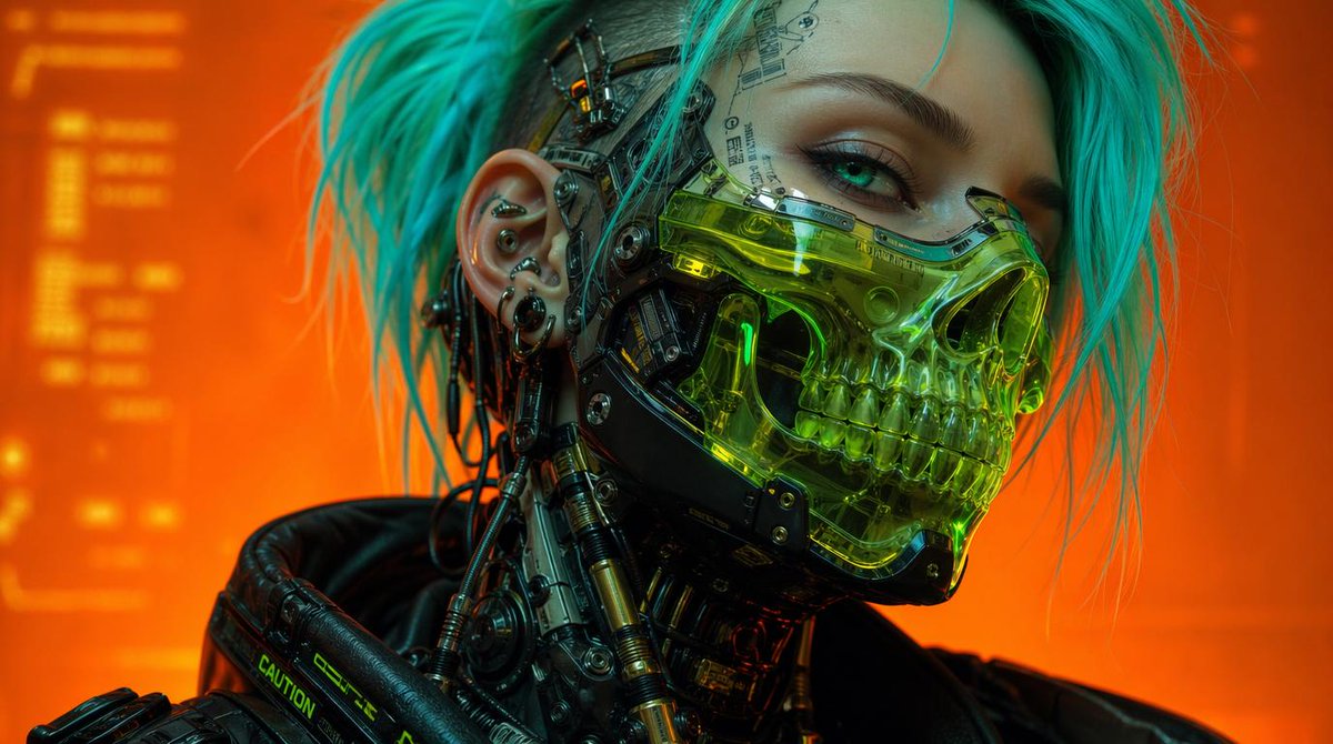赛博朋克机械骷髅面具肖像 / Cyberpunk Cyborg Skull Mask Portrait，UI 与社交媒体截图，霓虹、人像、电影感，案例输出图 1