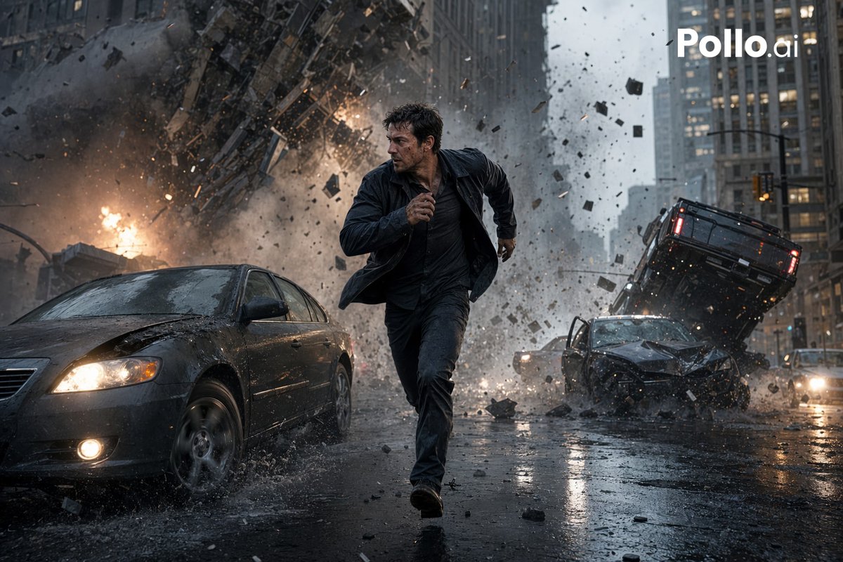 电影级城市爆炸追逐 / Cinematic City Explosion Chase，人像与摄影，人像、电影感、海报，案例输出图 1