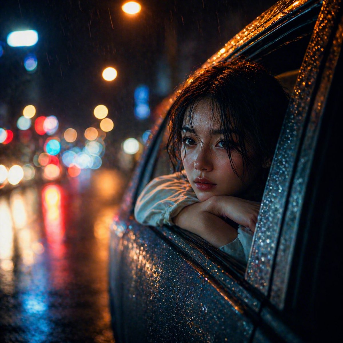 雨夜中倚靠在车窗旁的女子 / Rainy Night Woman Leaning from Car，人像与摄影，35mm、人像、电影感，案例输出图 1