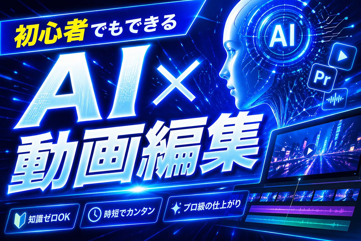 霓虹蓝 AI 视频剪辑缩略图 / Neon Blue AI Video Editing Thumbnail，UI 与社交媒体截图，霓虹、海报、UI，案例输出图 1