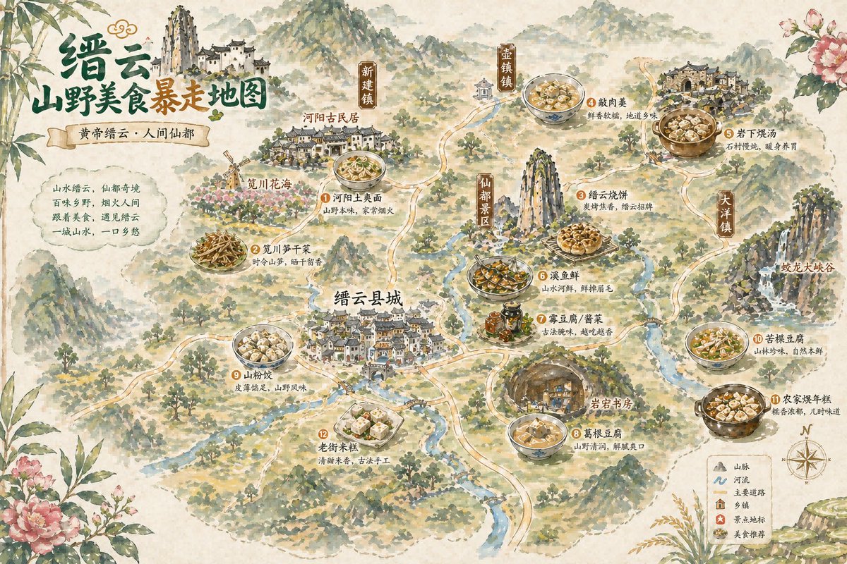 复古中国美食地图海报 / Vintage Chinese Food Map Poster，海报与插画，海报、插画、城市视觉，案例输出图 1