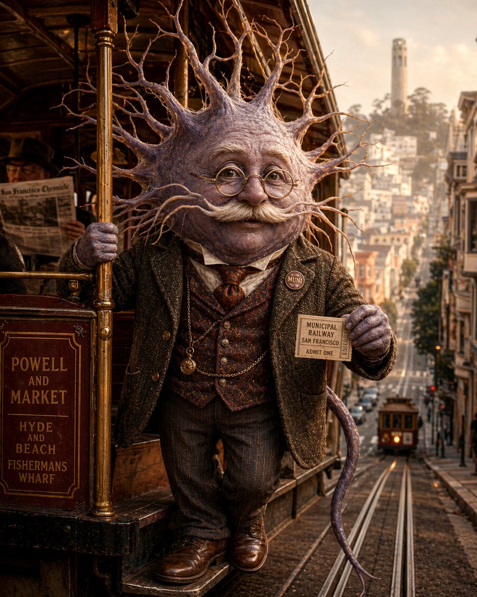 旧金山叮当车上的神经元 / Neuron on a San Francisco Cable Car，角色设计，人像、电影感、插画，案例输出图 1
