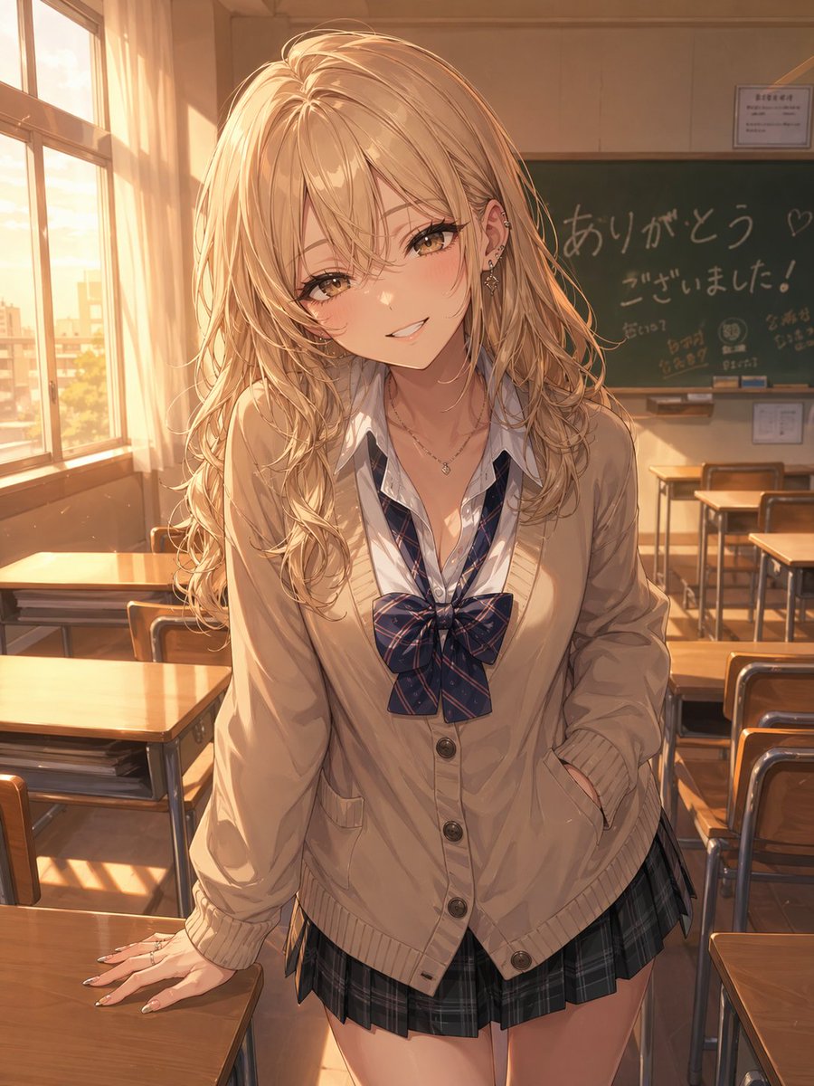 黄金时刻的辣妹（Gyaru）在教室 / Golden Hour Gyaru in Classroom，角色设计，人像、电影感、时尚，案例输出图 1