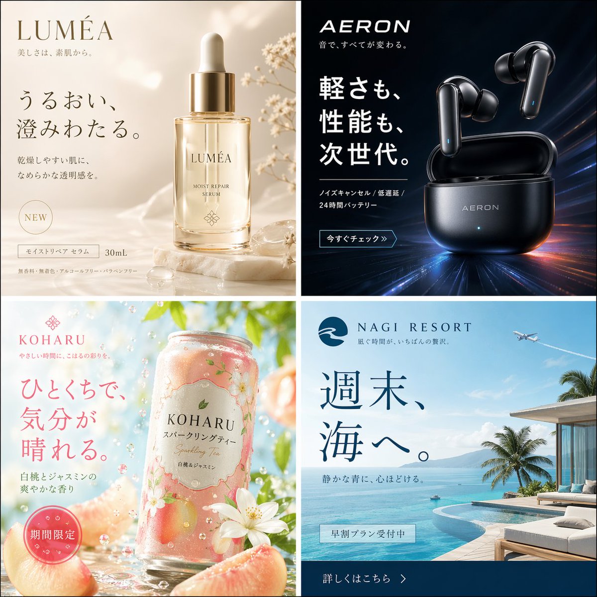 四款日式广告视觉拼贴 / Four Japanese Ad Visuals Collage，UI 与社交媒体截图，霓虹、时尚、UI，案例输出图 1