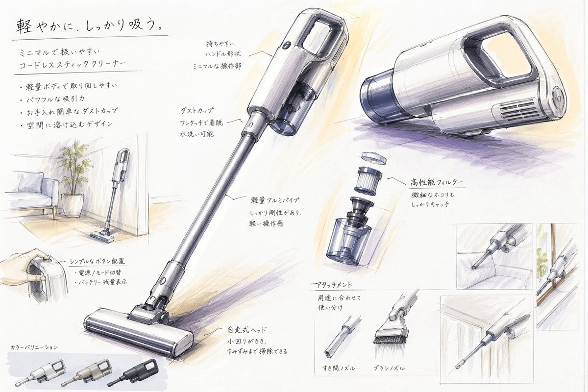 日式吸尘器设计草图项目 / Japanese Vacuum Design Sketch Board，海报与插画，海报、插画、极简，案例输出图 1