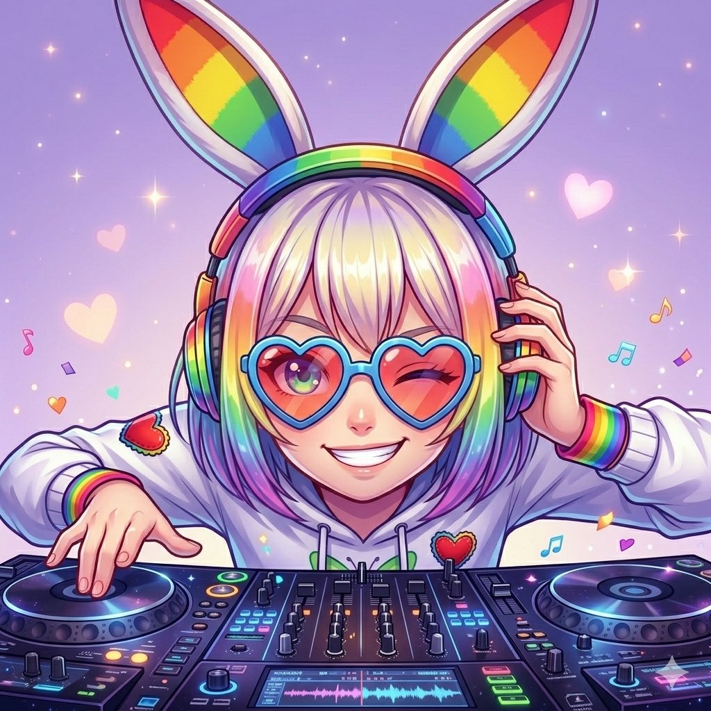 彩虹兔 DJ 动漫肖像 / Rainbow Bunny DJ Anime Portrait，角色设计，人像、插画、角色，案例输出图 1