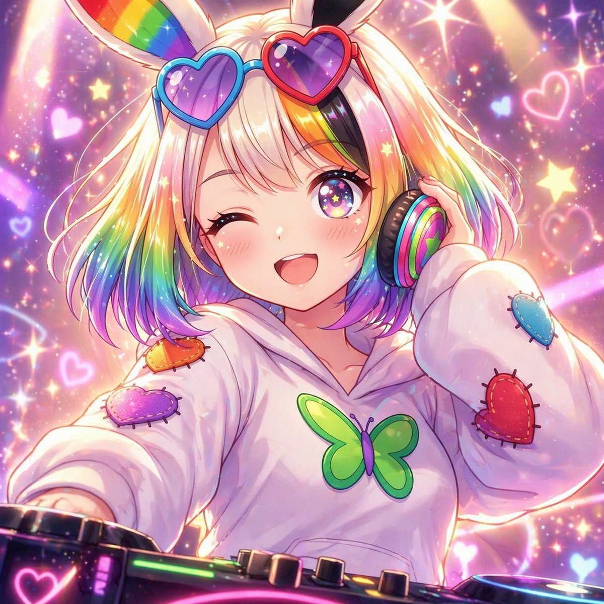 彩虹兔女郎 DJ 动漫头像 / Rainbow Bunny DJ Anime Portrait，角色设计，霓虹、人像、插画，案例输出图 1