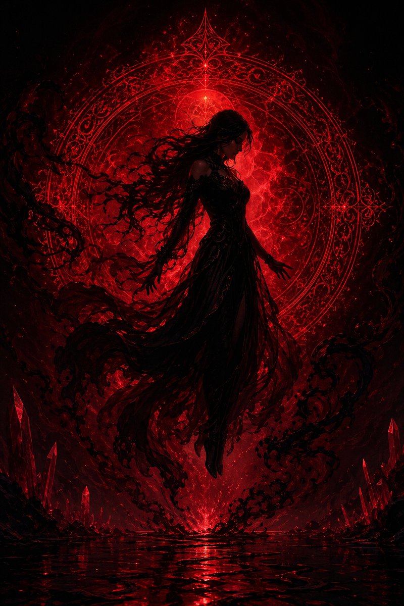 深红暗黑女巫仪式 / Crimson Dark Sorceress Ritual，角色设计，人像、电影感、插画，案例输出图 1