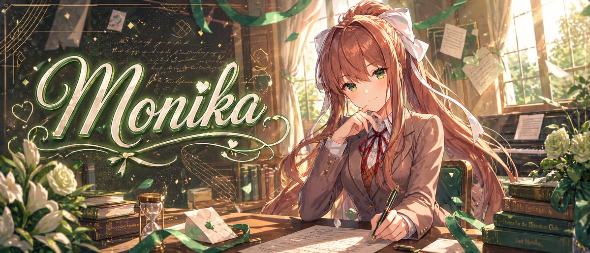 Monika 动漫横幅插画 / Monika Anime Banner Illustration，角色设计，霓虹、电影感、海报，案例输出图 1