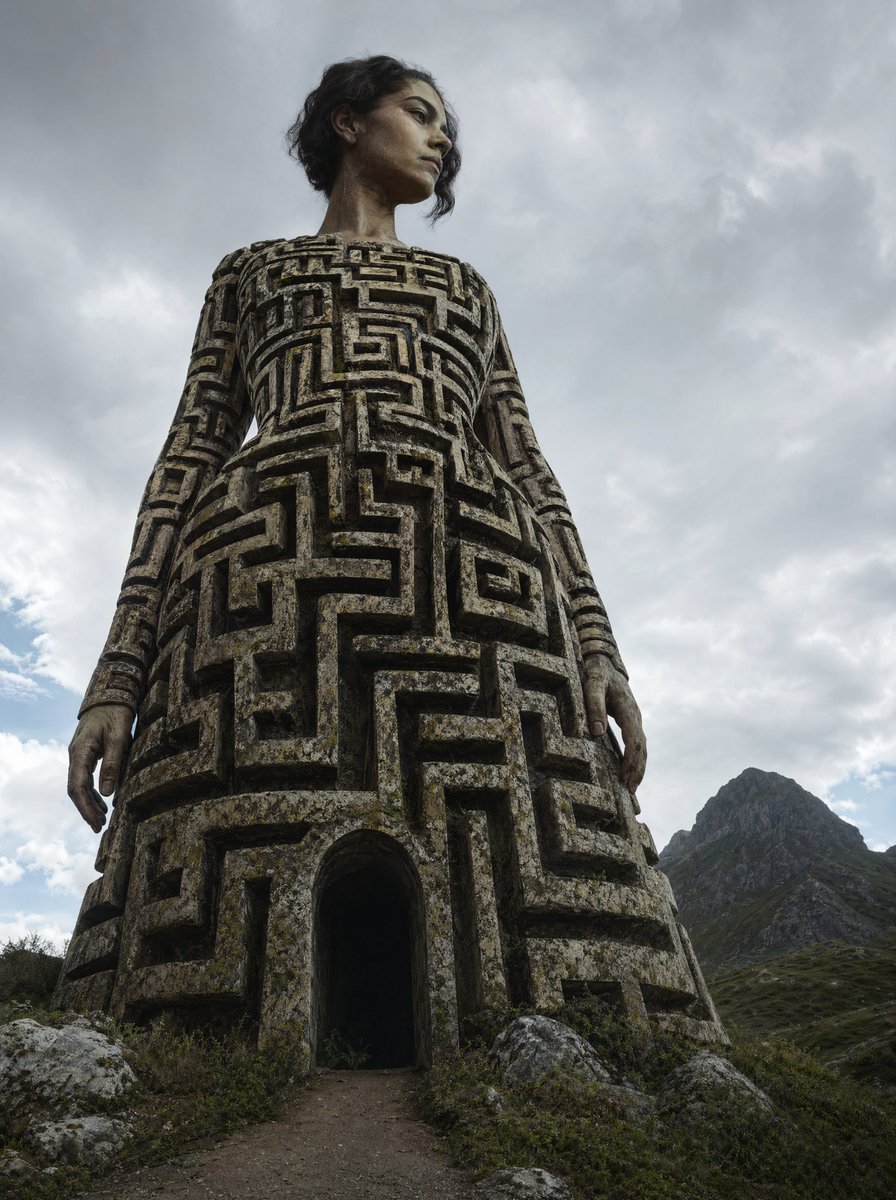 巨型迷宫女性雕像纪念碑 / Colossal Labyrinth Woman Monument，人像与摄影，人像、电影感、竖版，案例输出图 1