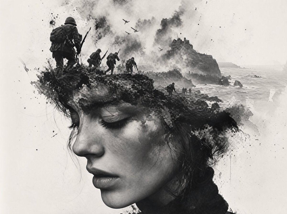 黑白战争水墨场景 / Black-and-White Wartime Ink Scene，角色设计，电影感、插画、角色，案例输出图 1
