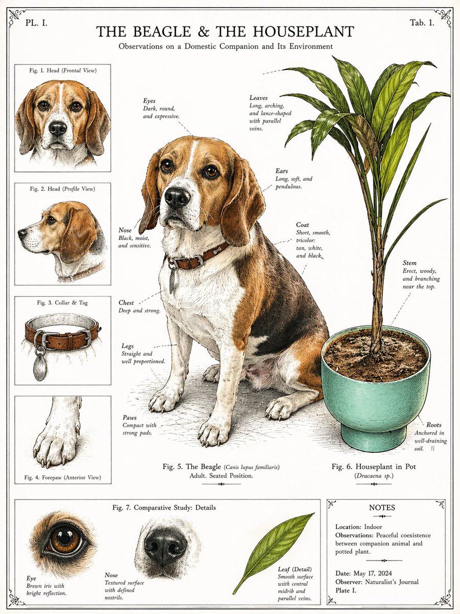 复古比格犬植物图鉴 / Vintage Beagle Botanical Plate，人像与摄影，人像、插画、水彩，案例输出图 1
