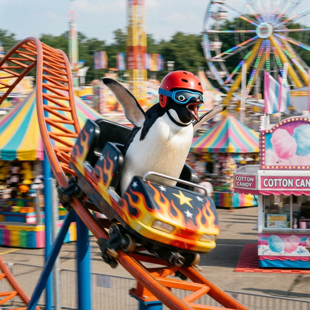 嘉年华过山车上的企鹅 / Penguin on a Carnival Roller Coaster，人像与摄影，人像、电影感、人像与摄影，案例输出图 1