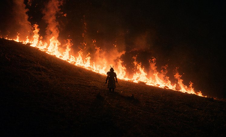 山火前的武士 / Samurai Before a Hillside Fire，角色设计，35mm、电影感、插画，案例输出图 1