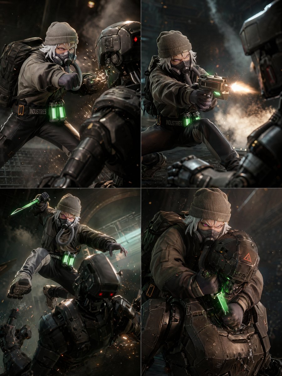 2x2 科幻战斗动作网格 / 2x2 Sci-Fi Combat Action Grid，角色设计，35mm、霓虹、人像，案例输出图 1