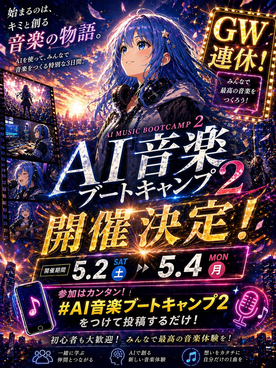 动漫音乐训练营宣传海报 / Anime Music Bootcamp Promo Poster，角色设计，35mm、霓虹、电影感，案例输出图 1