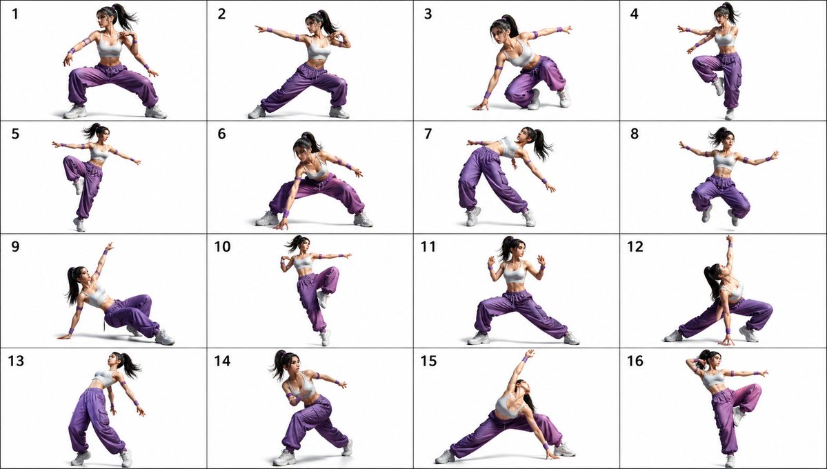 16 种姿势舞蹈格斗参考图 / 16-Pose Dance Combat Reference Sheet，角色设计，插画、角色、排版，案例输出图 1