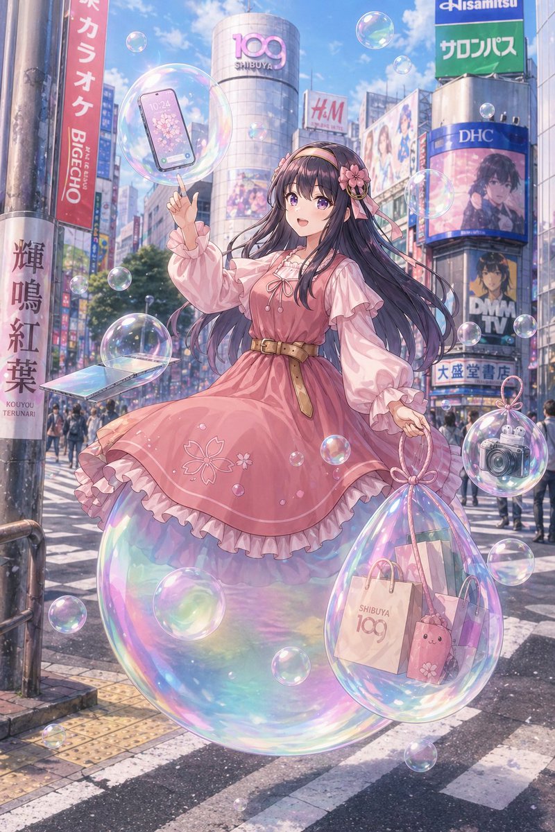 梦幻涩谷泡泡少女 / Dreamy Shibuya Bubble Girl，角色设计，时尚、插画、角色，案例输出图 1