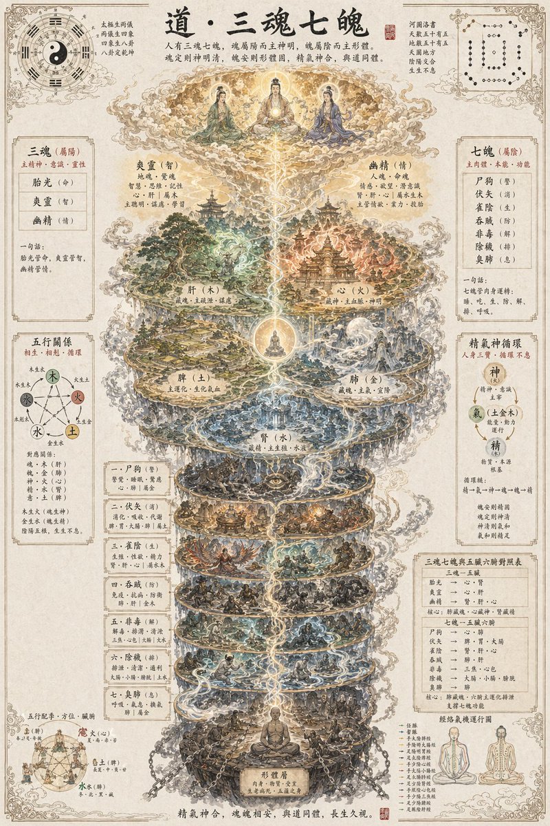 道教三魂七魄海报 / Taoist Three Souls Seven Po Poster，海报与插画，海报、插画、角色，案例输出图 1