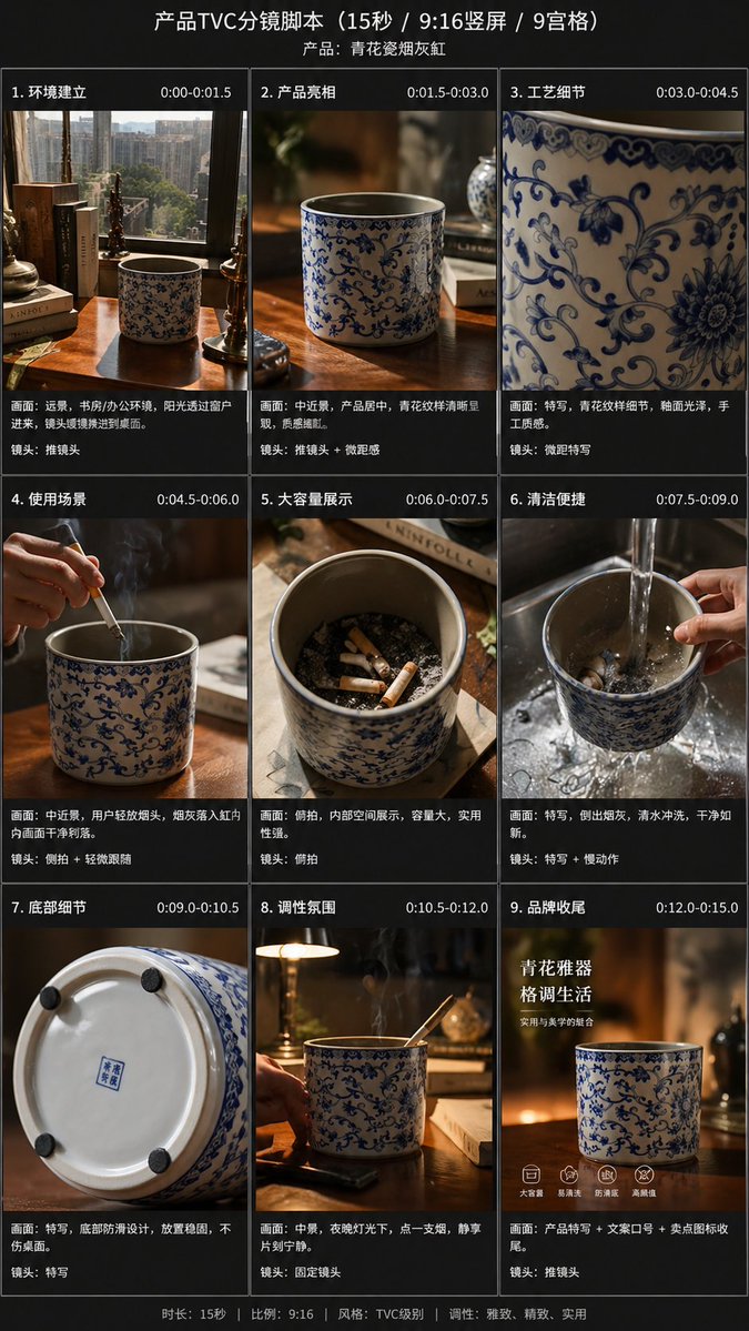 9 宫格产品 TVC 分镜脚本 / 9-Panel Product TVC Storyboard，角色设计，电影感、插画、角色，案例输出图 1
