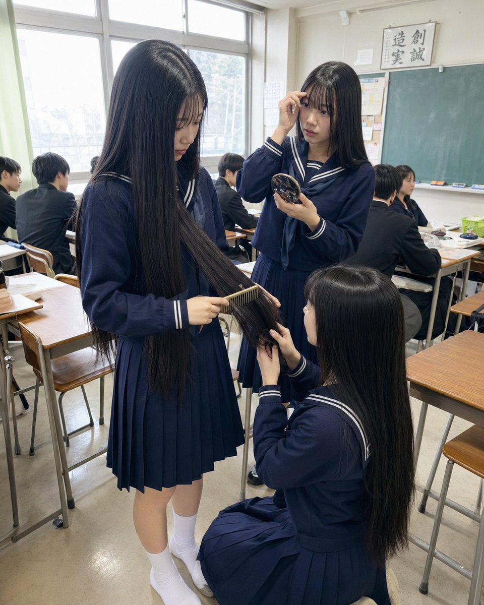 日本教室长发快照 / Japanese Classroom Long Hair Snapshot，人像与摄影，人像、竖版、人像与摄影，案例输出图 1