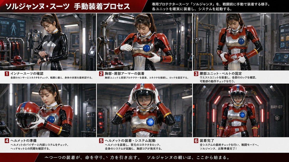 日式科幻战衣穿戴流程项目 / Japanese Sci-Fi Suit-Up Process Board，角色设计，电影感、截图、角色，案例输出图 1