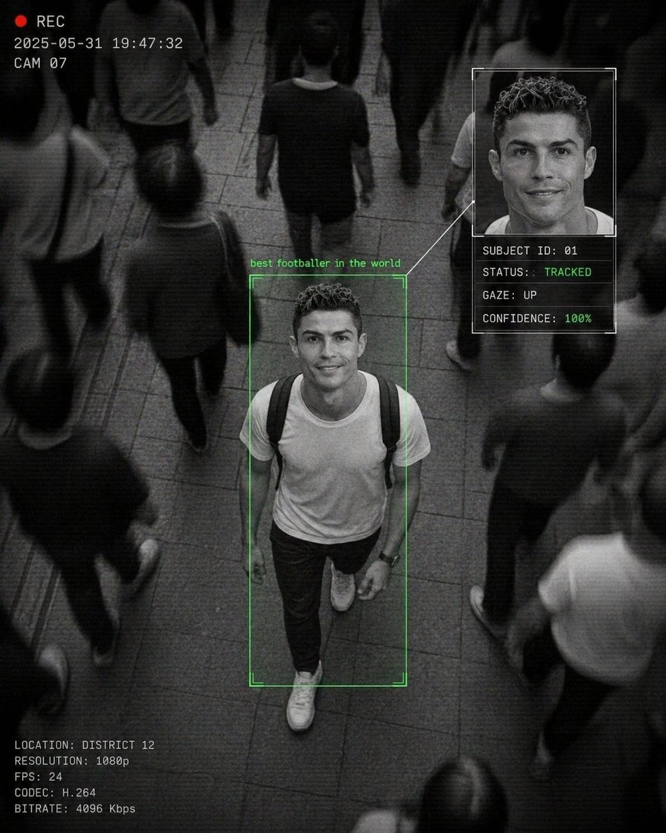 电影级监控界面美学 / Cinematic Surveillance Interface Aesthetic，UI 与社交媒体截图，人像、电影感、UI，案例输出图 1