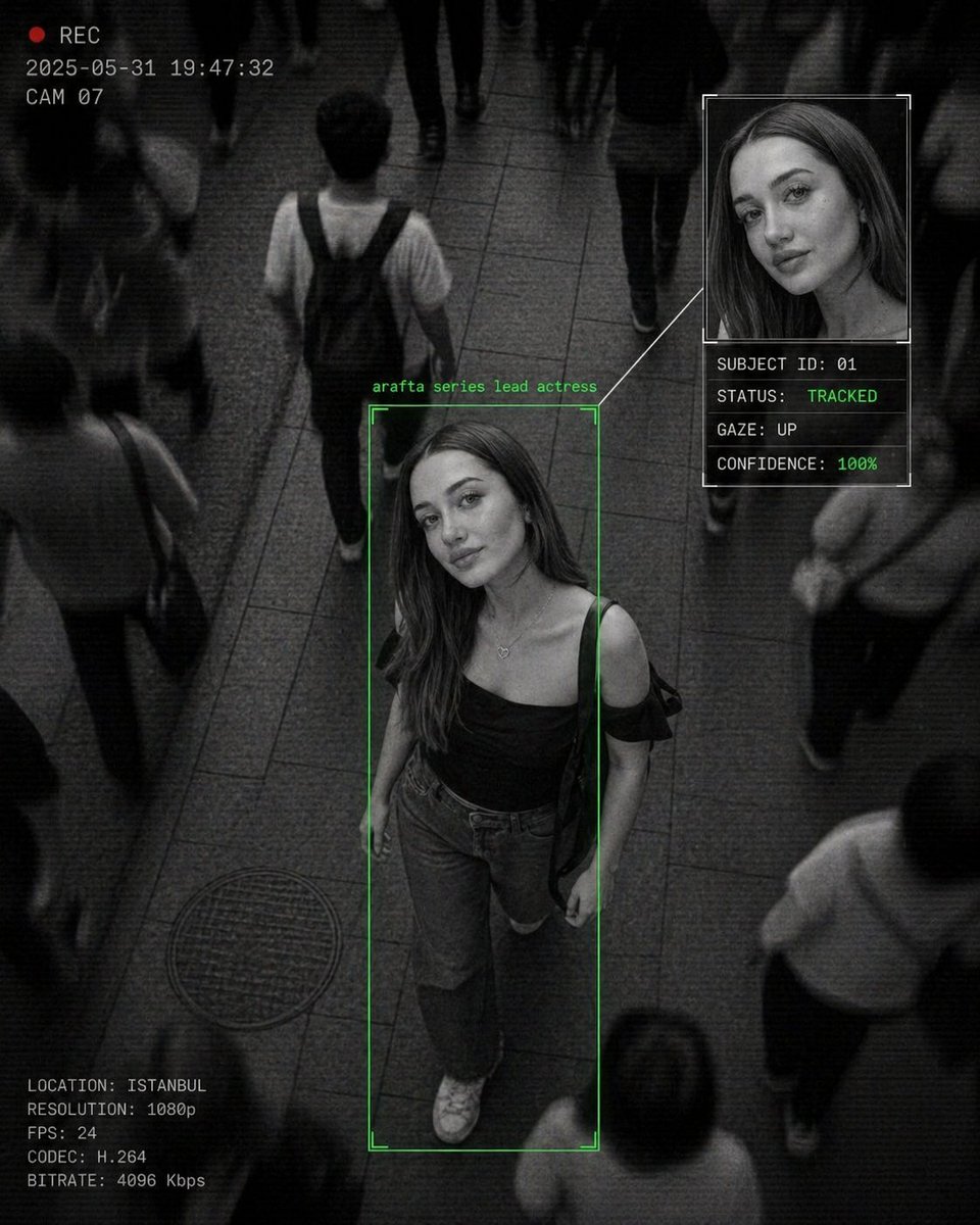 电影级监控界面美学 / Cinematic Surveillance Interface Aesthetic，UI 与社交媒体截图，人像、电影感、UI，案例输出图 3