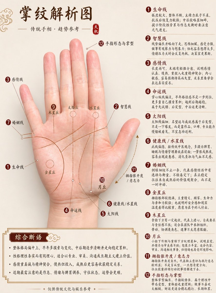 专业中文手相分析图 / Professional Chinese Palmistry Analysis Chart，UI 与社交媒体截图，海报、UI、截图，案例输出图 1
