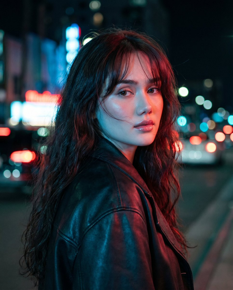霓虹之夜回眸肖像 / Neon Night Shoulder-Look Portrait，人像与摄影，35mm、霓虹、人像，案例输出图 1