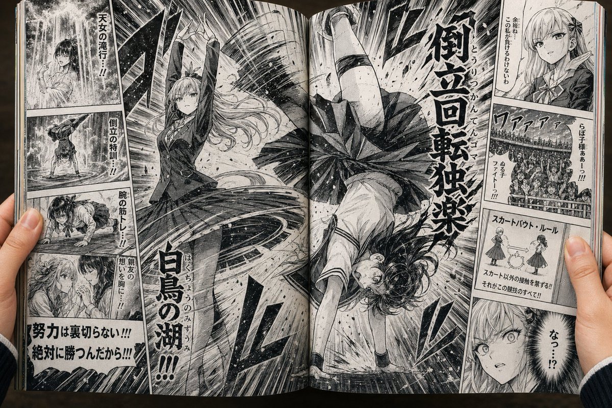 虚构“裙装对决”漫画跨页 / Fictional Skirt-Battle Manga Spread，角色设计，插画、角色、二次元，案例输出图 1
