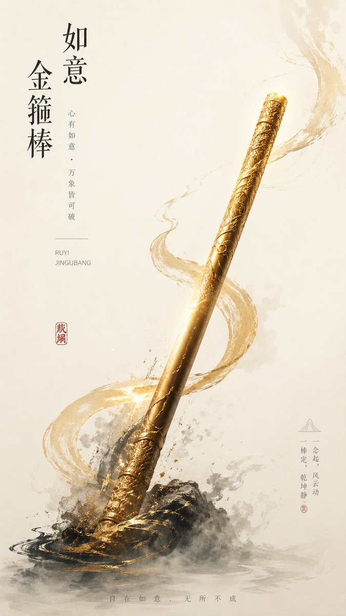 新中式如意金箍棒海报 / New Chinese Golden Staff Poster，海报与插画，海报、插画、极简，案例输出图 1
