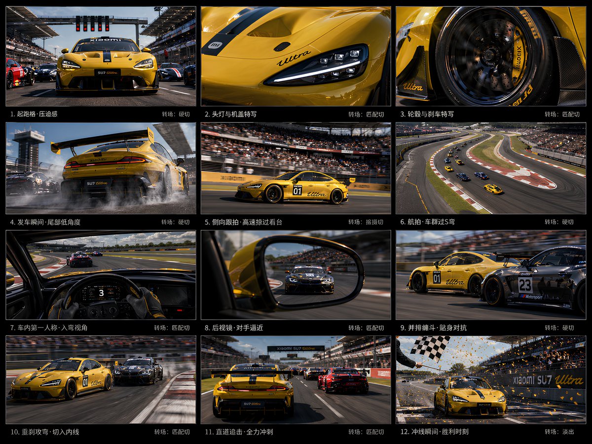 12 格 Xiaomi SU7 Ultra 赛车项目 / 12-Panel Xiaomi SU7 Ultra Racing Storyboard，角色设计，电影感、插画、截图，案例输出图 1