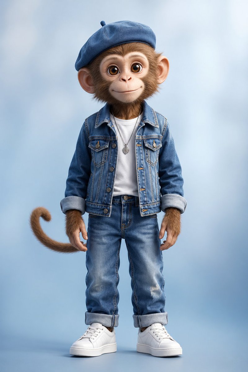 身穿牛仔服的“被审查”小猴子 / Censored Monkey Kid in Denim，角色设计，人像、时尚、角色，案例输出图 1