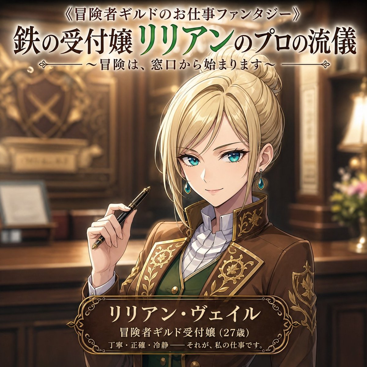 奇幻公会接待员小说封面 / Fantasy Guild Receptionist Novel Cover，角色设计，电影感、插画、角色，案例输出图 1