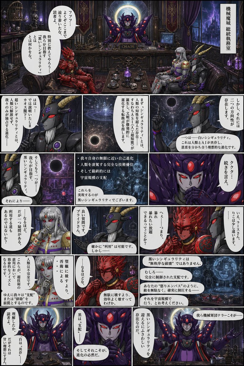 哥特式科幻反派会议漫画页 / Gothic Sci-Fi Villain Meeting Manga Page，角色设计，电影感、插画、截图，案例输出图 1