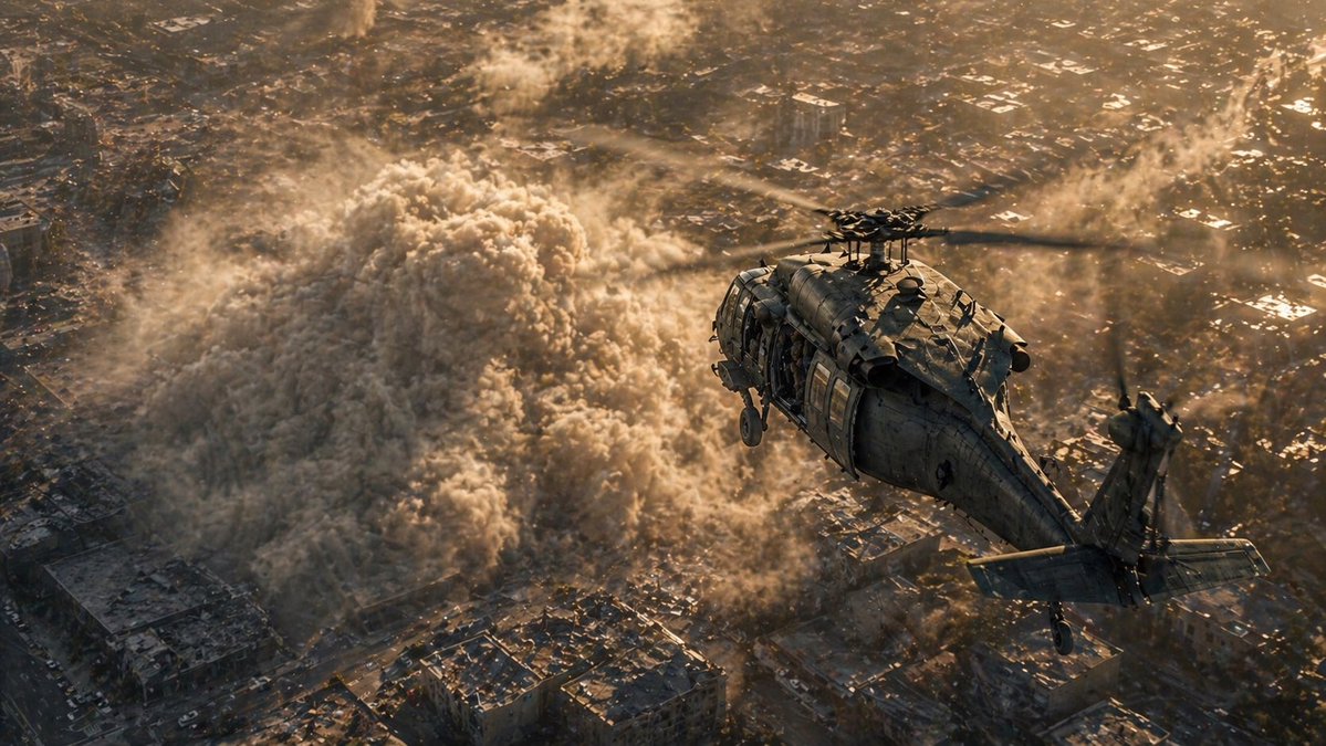 城市尘埃云上方的直升机 / Helicopter Over Urban Dust Cloud，UI 与社交媒体截图，电影感、插画、UI，案例输出图 1