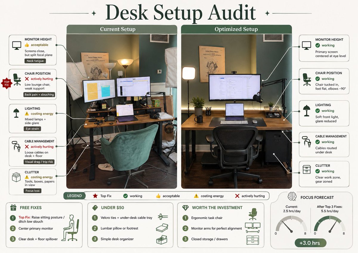 桌面布置审计信息图 / Desk Setup Audit Infographic，模型对比与社区，时尚、海报、角色，案例输出图 1