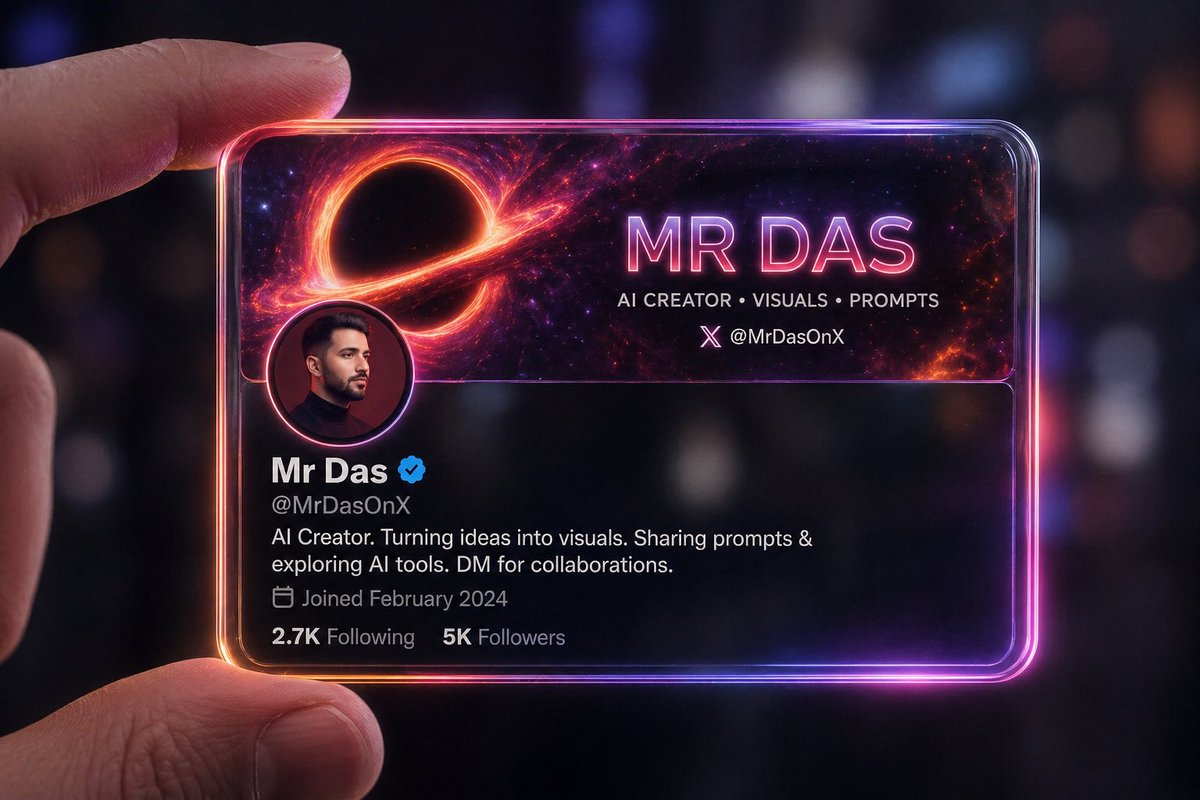 Futuristic Glass Profile ID Card，UI 与社交媒体截图，霓虹、人像、UI，案例输出图 1