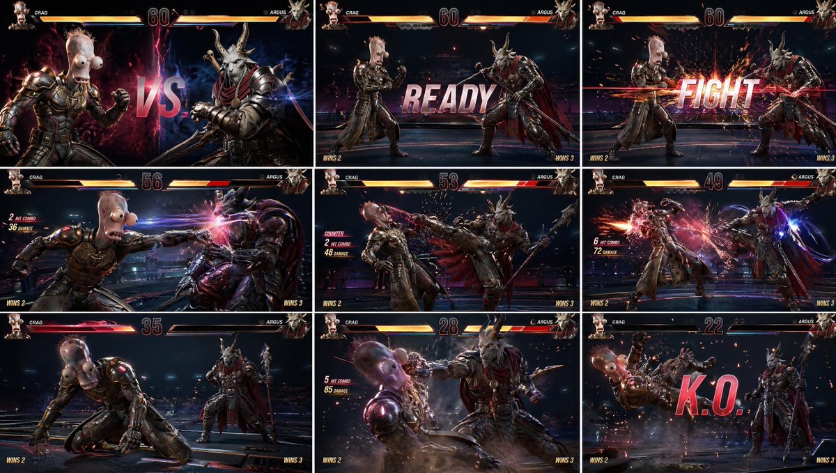 AAA Fighting Game Storyboard Grid，模型对比与社区，霓虹、电影感、插画，案例输出图 1