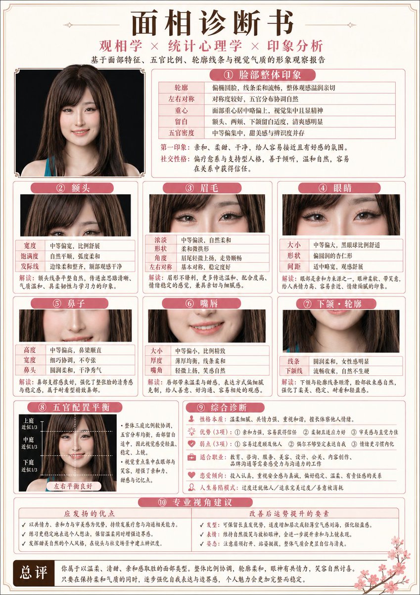 Japanese-Style Facial Analysis Diagnostic Poster，角色设计，35mm、人像、海报，案例输出图 1