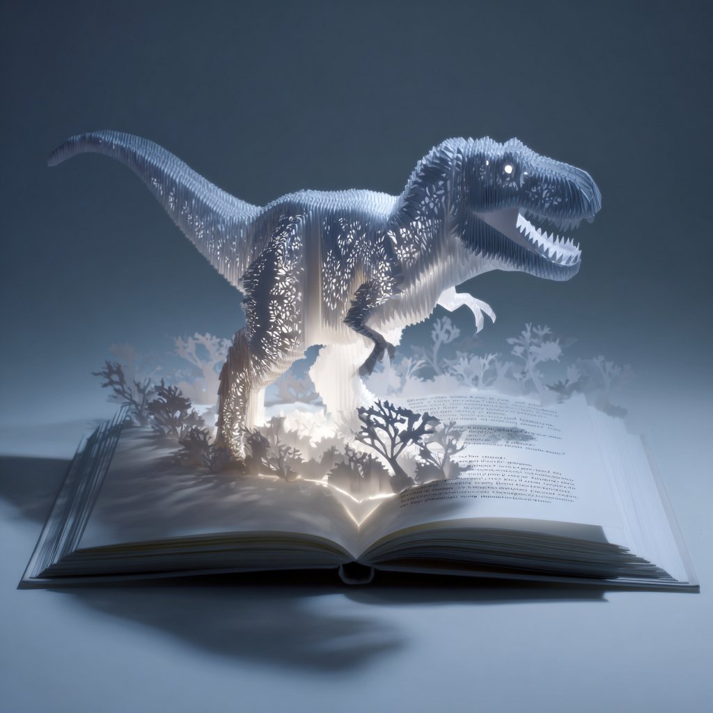 Origami Pop-Up T-Rex Book Ad，人像与摄影，人像、电影感、极简，案例输出图 1