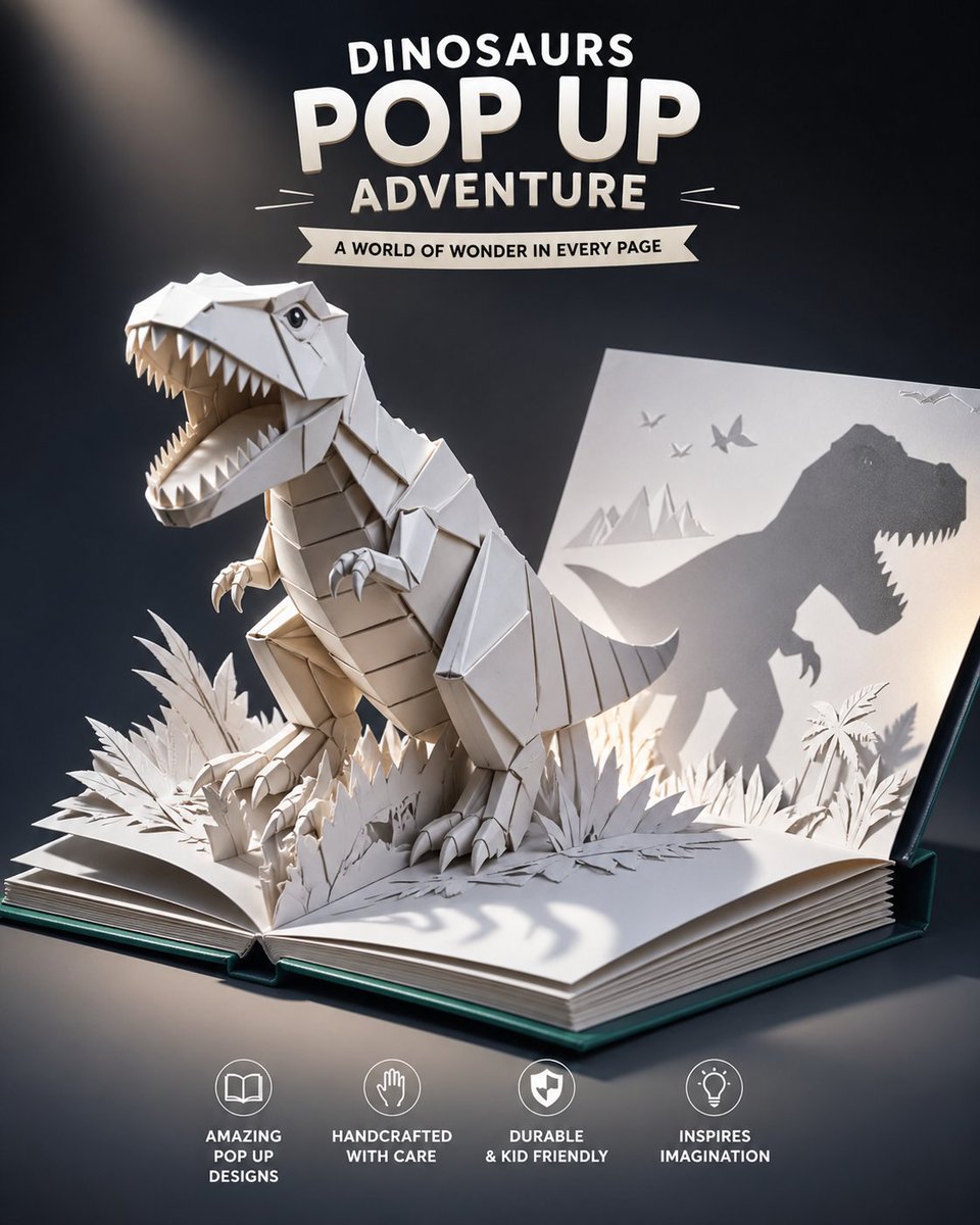 Origami Dinosaur Pop-Up Book Ad，人像与摄影，人像、电影感、插画，案例输出图 1