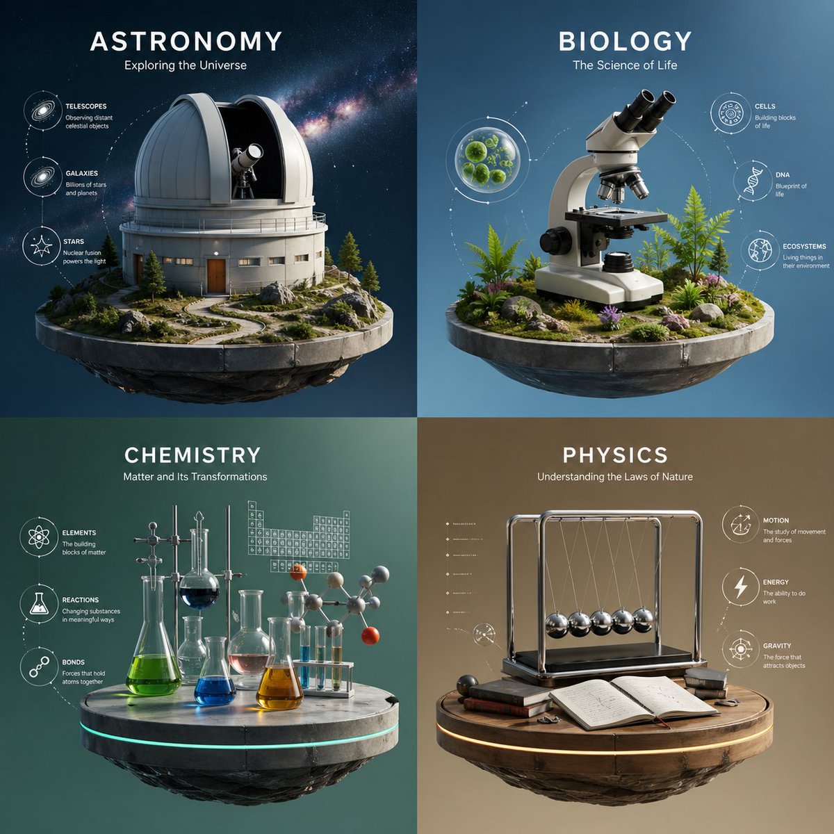 Four-Panel Science Concept Poster，模型对比与社区，电影感、海报、插画，案例输出图 1