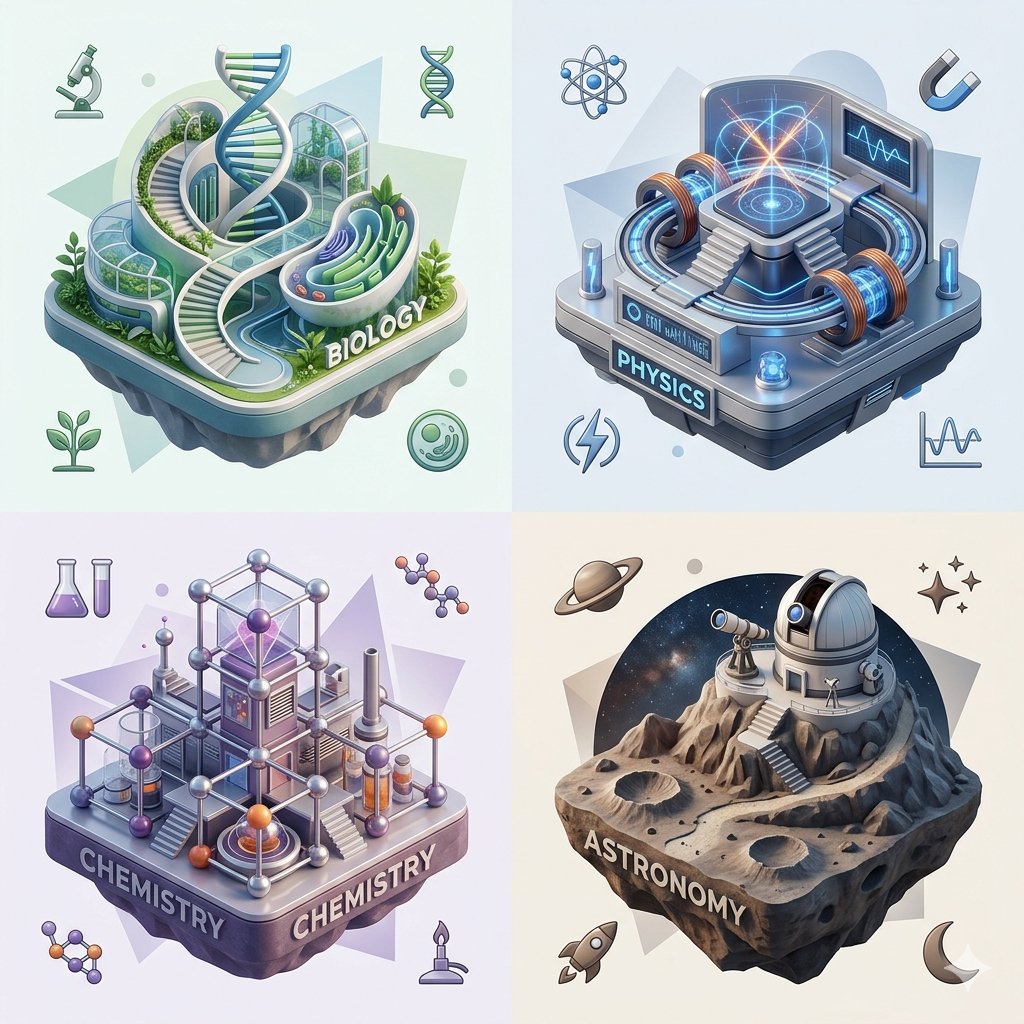 Isometric Science Concept Diorama Grid，模型对比与社区，插画、角色、排版，案例输出图 1