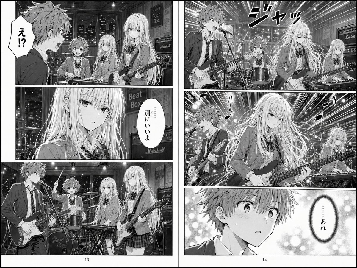 Two-Page School Band Manga Spread，角色设计，电影感、插画、角色，案例输出图 1
