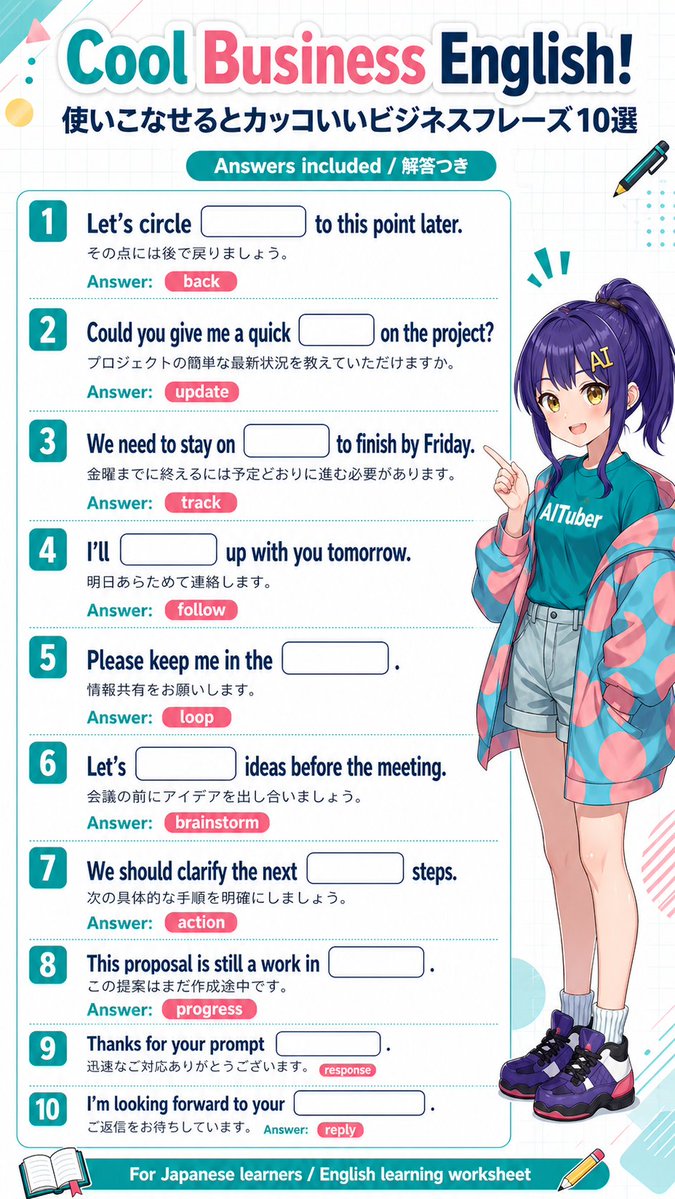 Anime Business English Worksheet，角色设计，人像、海报、截图，案例输出图 2