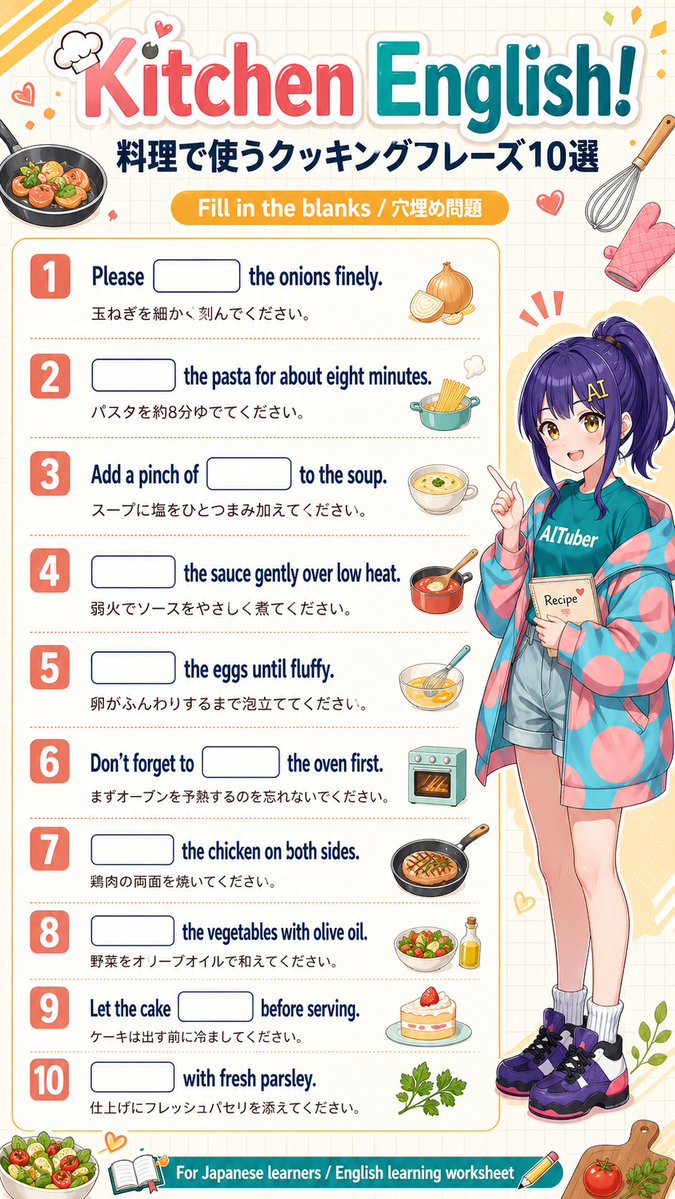 Kitchen English Fill-in Worksheet Poster，角色设计，人像、海报、插画，案例输出图 1