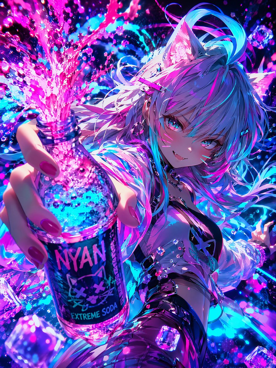 Neon Catgirl Soda Splash，角色设计，霓虹、插画、角色，案例输出图 1